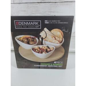 Condiment Serving Set 4-Piece Ceramic Bamboo Kitchen Tray Parties Entertain New